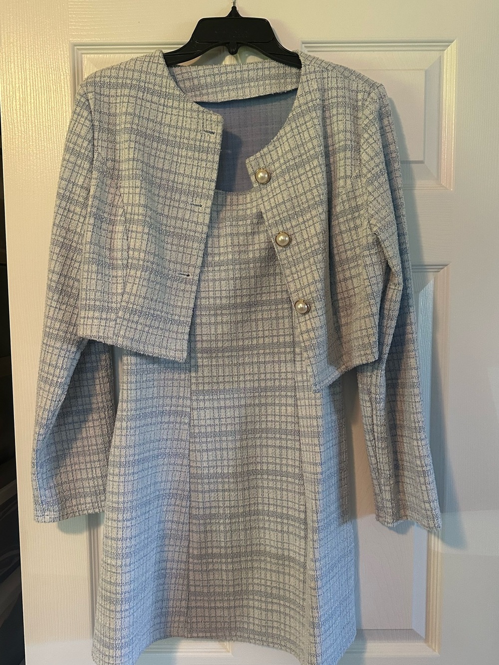 Classic Women's Two-Piece Light Gray Tweed Jacket and Dress Set